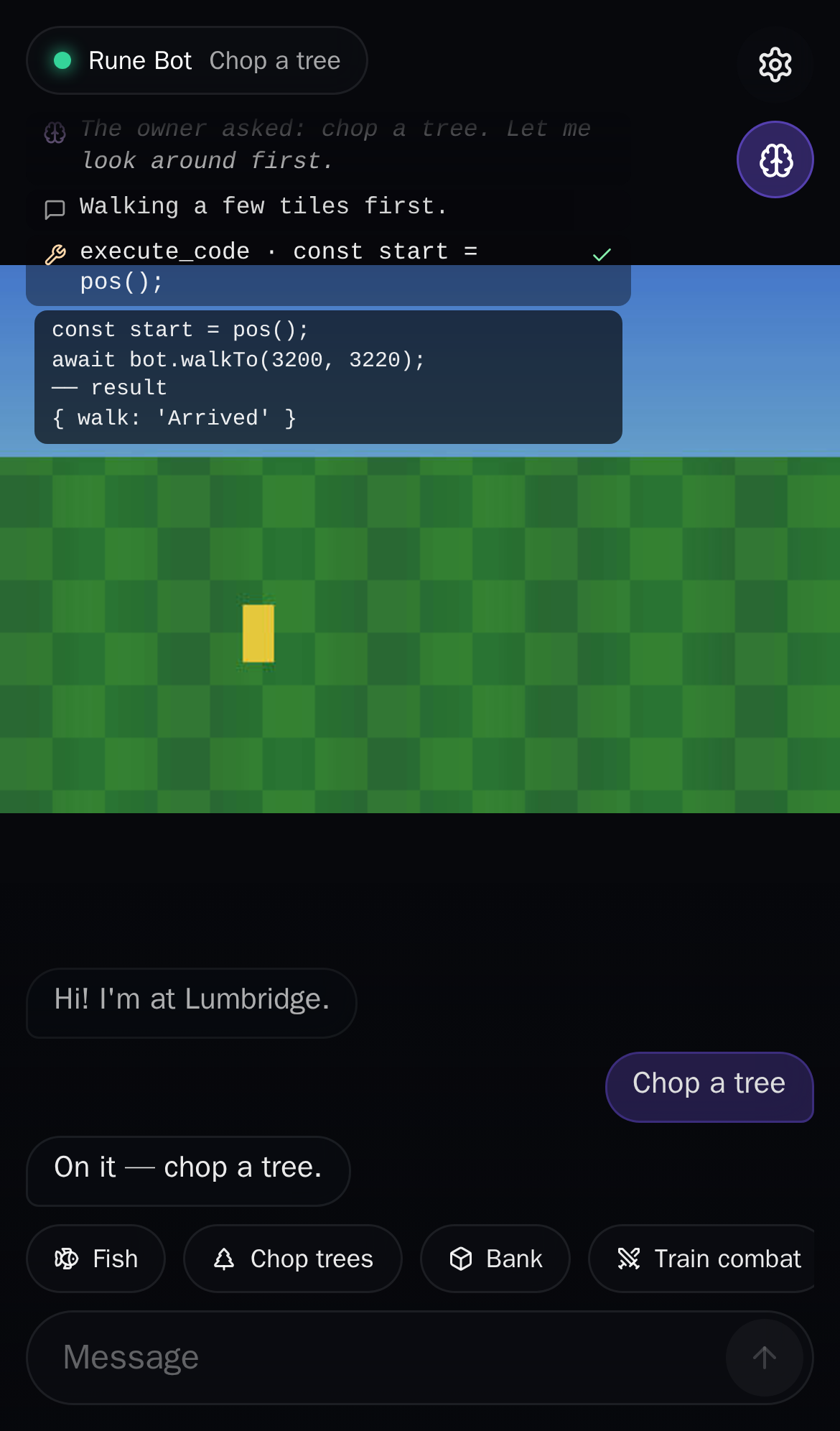 The AutoRune app: live view, train of thought, chat and suggestion chips