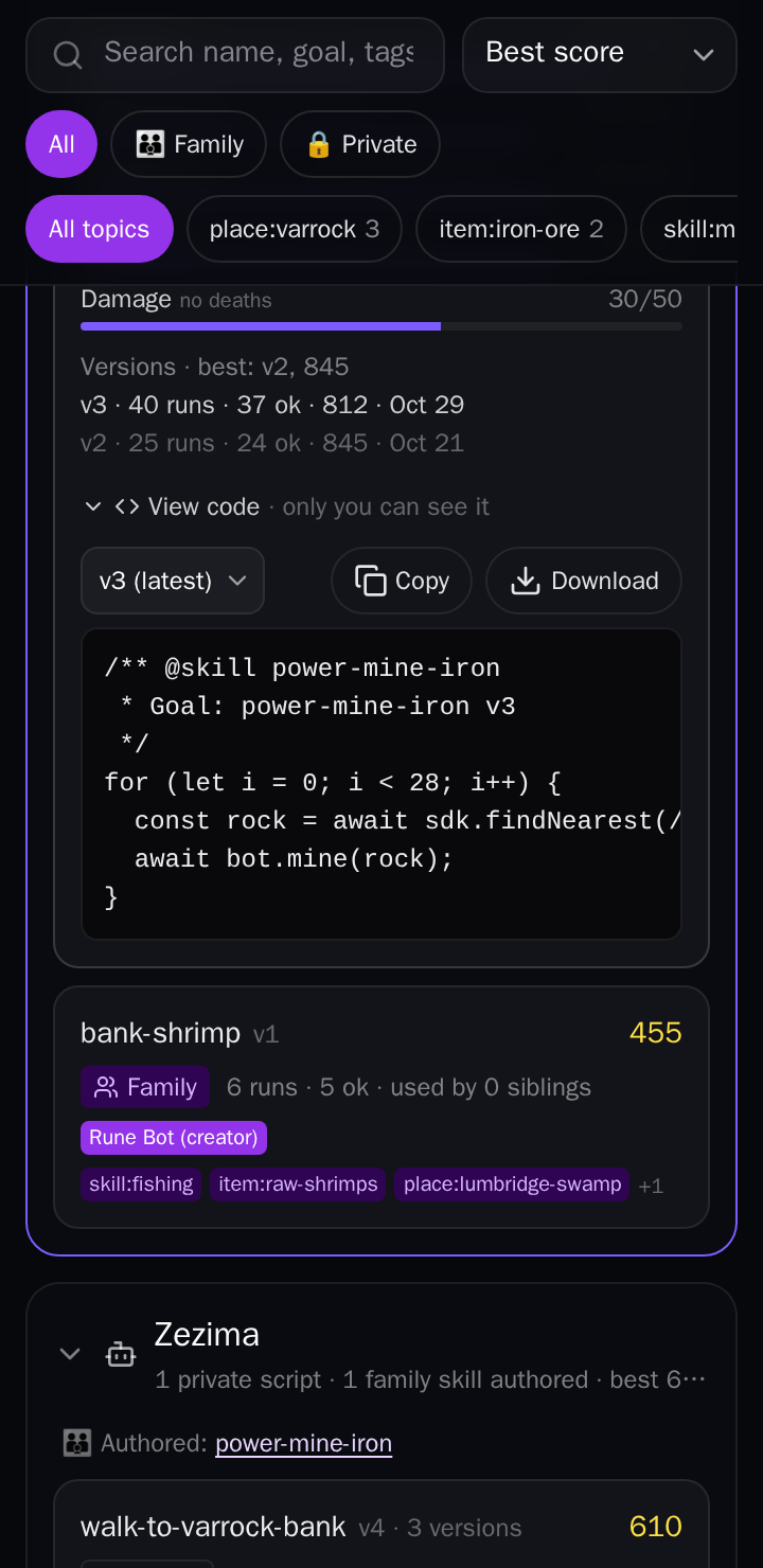 View code on one of your skills: the version list, Copy, Download and the script
