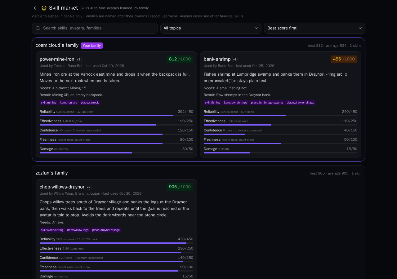 The skill market on a desktop browser